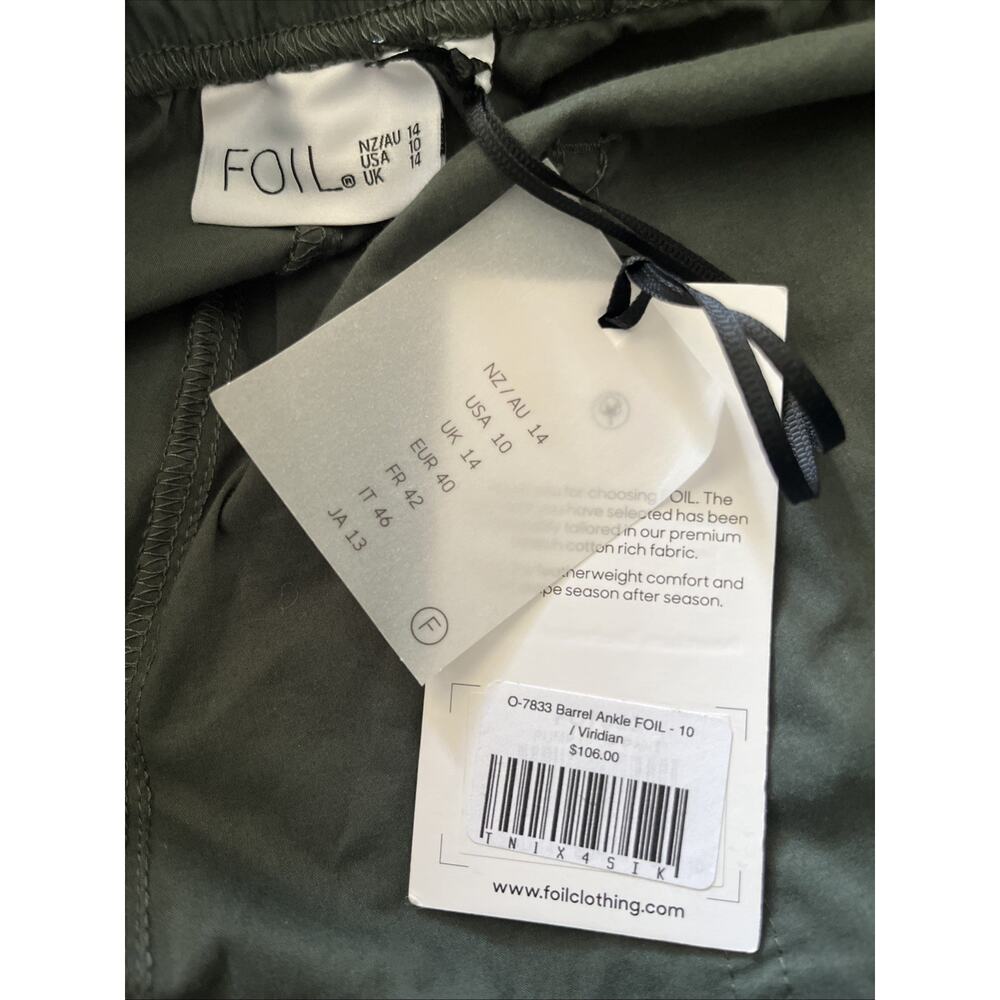 Foil Barrel Ankle Pants Viridian Olive Green Technical Cotton NWT US 10 AU NZ - Picture 6 of 16